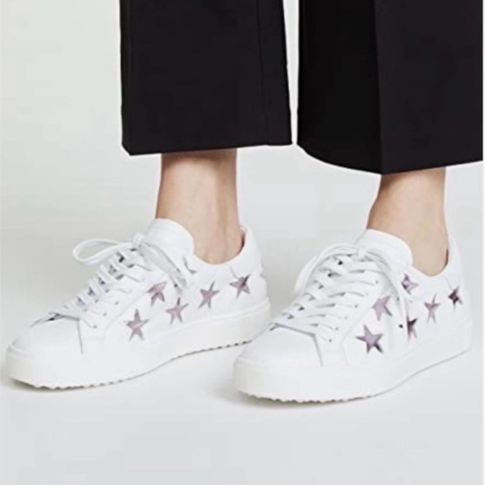 Anthropologie DOF Studios White Leather Sneakers with Purple Star Accents